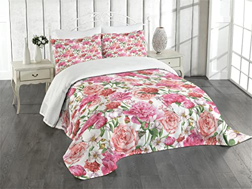 ABAKUHAUS Aquarell-Blumen Tagesdecke Set, Pfingstrosen und Rosen, Set mit Kissenbezügen Weicher Stoff, für Doppelbetten 220 x 220 cm, Weiß Rosa Rot