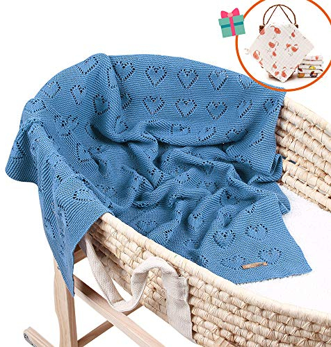 Odot Manta de Punto para Bebé Recién Nacido, Algodón Suave y Cálida Punto de Crochet Cobija Toalla de Cama Niños Swaddle para Bebe Cuna, Cochecito y Silla de Paseo (Azul,100 x 80cm)