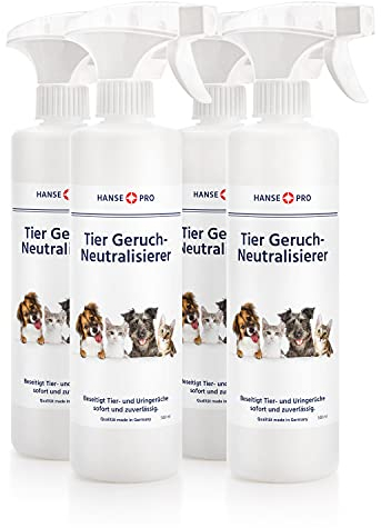 Hanse Pro Tier Geruch-Neutralisierer, 4 x 500 ml I Geruchs-Entferner I Fleckenentferner I Geruchskiller I beseitigt Gerüche von Tieren, Katzen-Urin, Hunde-Urin