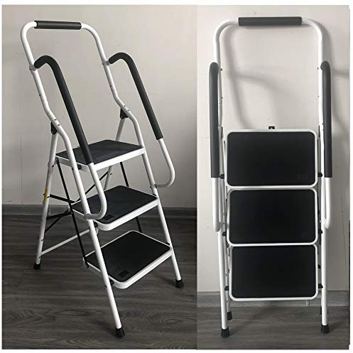 Scala a 3 gradini, corrimano di sicurezza, in acciaio resistente, pieghevole, portatile, con tappetino in gomma antiscivolo, carico 150 kg.