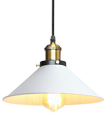 iDEGU Industrielle Pendelleuchte Vintage Hängelampe Stil Edison Retro Pendellampe mit 26CM Metall Lampenschirm E27 Fassung Weiß Hängeleuchte für Esszimmer Küche Schlafzimmer Restaurant (1-flammig)