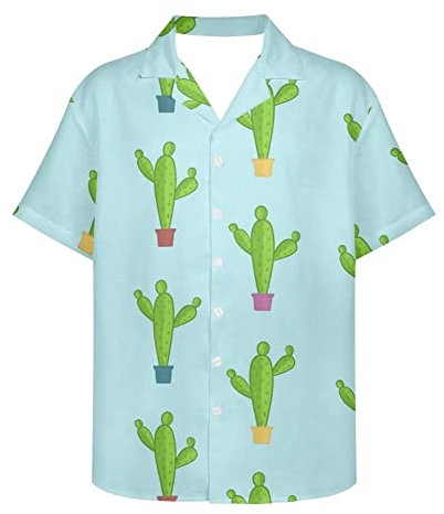 Herren Hemd mit süßem Tierdruck, kurzärmelig, Button-Down-Strand-Shirt, normale Passform, Blauer Kaktus, S