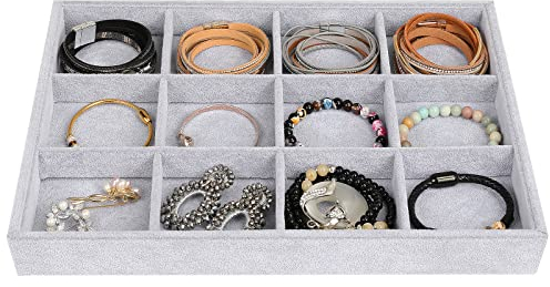Emibele Organizador Multifuncional de Joyas, 12 Compartimentos Bandeja de Joyas Interior Extraíble, Bandeja de Exhibición con Apilable para Collares Anillos Pendientes Tachuelas Pulseras, Gris