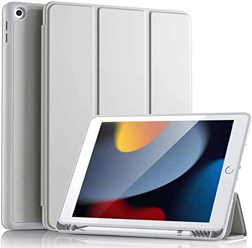 Vobafe Case for iPad 9th 8th 7th Generation 10.2 Inch Case (2021/2020/2019 Model, iPad 9/8/7), Flexible TPU Back Cover, with Pencil Holder, Auto Wake/Sleep, Light Grey