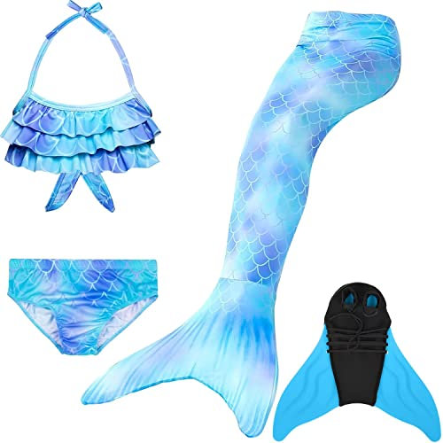 Pyjacos meerjungfrauenflosse mädchen Badeanzug - Meerjungfrau Flosse Bademode mit Bikini Set und Monoflosse Mermaid Tail, 4 Stück Set，blueseA6-130
