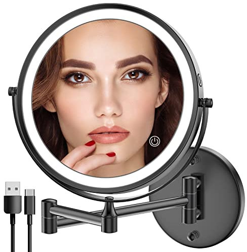 Rocollos Miroir de maquillage lumineux rechargeable, miroir de courtoisie avec 3 lumières de couleur, écran tactile à intensité variable, LED de 20,3 cm, double face, grossissement 1x/10x, miroir de