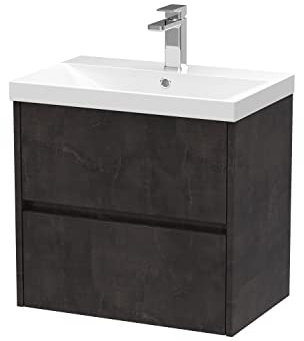 Hudson Reed HAV2604D Havana Modern Bathroom Wall Hung 2 Drawer Vanity Basin Unit & Thin-Edge Ceramic Basin, 600mm, Matt Metallic Slate