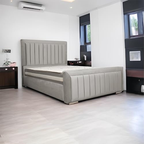 Living Comfort Bedz | Upholstered Sierra Bed | Elegant Plush Velvet headboard & Foot-board Design | ottoman Gas with lift-up storage double size bed frame (Cream, 4ft 6 Double gas Lift)