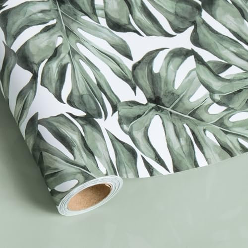 LeZakaa Reversible Wrapping Paper Roll - Monstera Leaf & Solid Green for Summer Holiday, Birthday, Wedding - 17 inches x 32.8 Feet (46.45 sq.ft.)