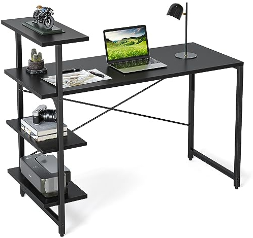 CubiCubi Kleiner Schreibtisch mit Regal 120 x 50 cm, 3-stöckiges Regal Computertisch, Pc Gaming Tisch, Einfach zu installierender Schreibtisch, Stabil Stahlgestell schreibtische, Schwarz