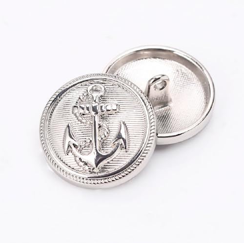10Pcs Kleidung Knöpfe - Metall Boot Anchor Muster Nähen Knopf Griff Runde Knöpfe Set für Blazer Uniform Jacke (Silber, 25mm)