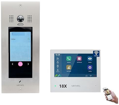 Mathfel 2 Draht BUS Türsprechanlage 1 bis 20 Familienhaus, RFID und Code Zutrittskontrolle, Frontplatte aus Edelstahl und 5 Zoll Touch Display, Monitor Touch Bedienung mit WLAN, Größe: 18 Familienhaus