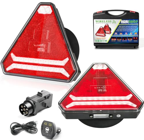 AGRISHOP Magnetisch Kabellos LED Anhänger Rückleuchten Dreieck 12/24v 6Funktion Wasserdicht ECE EMC R10 Dynamisch Wireless Anhängerrücklicht Led für Wohnwagen KFZ
