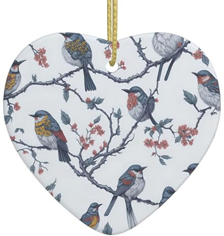 Adornos de Navidad vintage con ramas de árbol de pájaros, decoraciones de Navidad, adornos colgantes de árbol de Navidad, regalo festivo de cerámica en forma de corazón para decoraciones de Navidad,