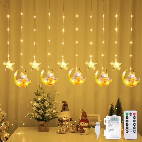 DAZZTIME Ramadan Lichterkette,100 LED Ramadan Licht Stern Mond Lichterketten,Stern Mond Lichterketten 3m,Lichterkette Batterie,Mit 8 Blinkenden Modi,Fernbedienung,für Ramadan,Party,Fenster.