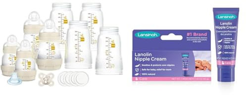 Mam Ensemble de 8 biberons de 130 ml, 160 ml et 260 ml, 1 tétine Start Nanò, 4 disquettes, 1 bec souple et poignées, couleur beige & Lansinoh I Crème Lanoline HPA 40 ml