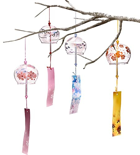 Lot de 4 carillons à vent japonais en verre de style japonais - Carillons éoliens de jardin - Décoration avec son clair - Carillon éolien familial bénissant pour l'extérieur - Pendentif cloche à vent