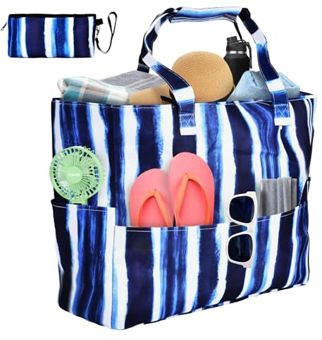 FORMIZON Bolsa Playa Grande XXL Familiar, Bolsa de playa mujer con Cremallera, Impermeable Bolsa Natacion Playa Muje, Shopper Tote Bag Plegable para Playa Picnic Vacaciones Compras (Azul)