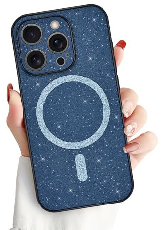 Newseego Glitter iPhone 15 Pro Case for Women Girls [Compatible with Magsafe], Magnetic Phone Case Cute Sparkly Bling Silicone Camera Protection Shockproof Bumper Cover for iPhone 15 Pro - Blue