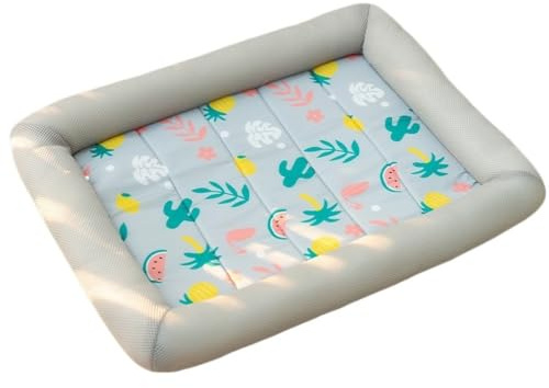 OUYUNKKA Sommer Kühlung Hundebett Hundekissen (XL, 80 x 65 cm) Viereckig Grau Obst Hundesofa für Mittlere bis Große Hunde und Katzen,Atmungsaktiv Weich Katzenbett Hundebett für Französische Bulldogge