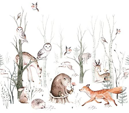 papier peint panoramique animaux de la forêt vintage blanc et marron 250 x 279 cm - ESTAhome