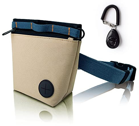 Porta Premietti per Cani con Clicker per Addestramento, Kit Porta Premietti per Addestramento Cani, Chiusura Magnetica, Addestramento a Mani Libere. (Cachi)