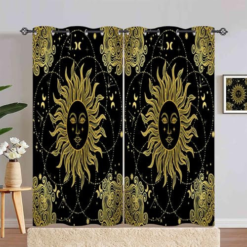 ANHOPE Retro Boho Sonne Mond Sterne Verdunklungsvorhänge mit Ösen Blickdichte Gardinen Thermo Vorhänge Blackout Curtain Weich Wohnzimmer Schlafzimmer Vorhang 2er Set H 245 x B 200 cm