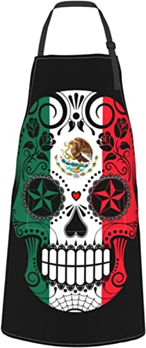 ATOurDealss Delantal de calavera de azúcar con bolsillos y bandera de México, delantales de cocina para mujeres y hombres, ver fotos, Talla única