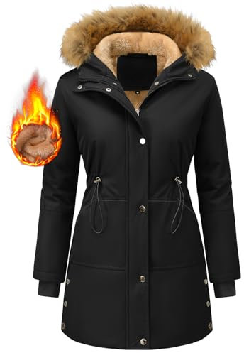 UMIPUBO Womens Coats Winter Warm Parka Coat Fleece Lined Hooded Jacket Thick Long Sleeve Overcoats Windproof Zip Up Trench Coats Outerwear with Pockets for Ladies (Black, XL)