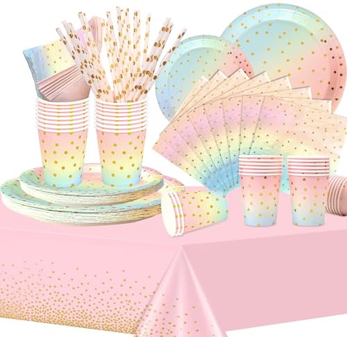 COLANANA Party Supplies,Party Tableware Set,Rainbow Birthday Decorations Contain Plates Tablecloth Cups Napkins Paper Straws for Baby Shower Birthday Wedding Partys Anniversary(16 Guests)