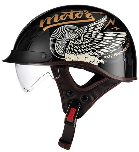 Halbschalenhelm DOT/ECE-Zulassung Brain-Cap Halbschale Jet-Helm Roller-Helm Scooter-Helm Retro Half Helm mit Built-in Visier für Cruiser Chopper Biker Moped 6,M=57~58cm