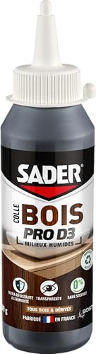 Sader Colle Vinylique Bois Pro D3 – Assemblage et Placage du Bois – D3 Menuiseries Intérieures et Extérieurs Abrités – Résistante à l'Humidité – Transparente – Biberon 100 g