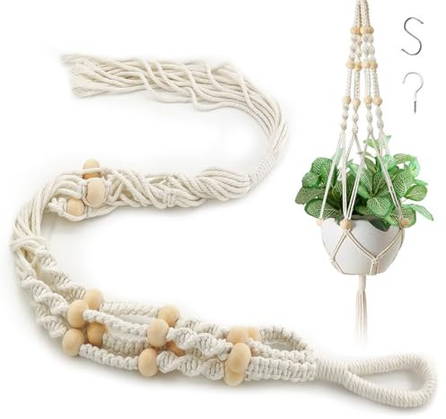 xiaoxiaozhijia Cesta de Cuerda de Algodón,Macetas Colgante para Plantas,Colgador de Macetas de Interior con Gancho para Decoración de Salón,Exterior,Balcón,Ventana,Pared(Beige-Beads-Tassels)