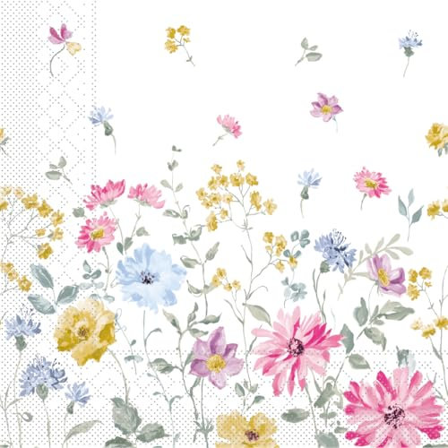 Mank Tissue Serviette Meggi, 3-lagig, 100 Stück – Fröhliches Blumenwiese Design für Frühling & Sommer, Perfekte Tischdekoration für Hochzeiten und Geburtstagsfeiern (40 x 40 cm, 1/4-Falz)