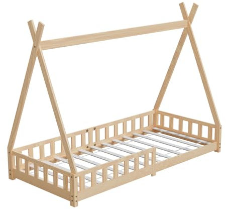 HAGO24 | Kinderbett | 200x90cm Natur | Tipi Bettgestell | Holzhaus | Zeltoptik | Rausfallschutz | Lattenrost | Kiefernholz | Montessori | Spielbett | Natur | dekorierbar