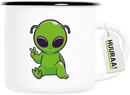 Huuraa Emaille Tasse Alien Comic Geschenk | 300ml Becher Weiß mit Schwarzem Rand Vintage Campingbecher Geschenkidee Kaffeetasse als Wohnwagen Zubehör Campingtasse