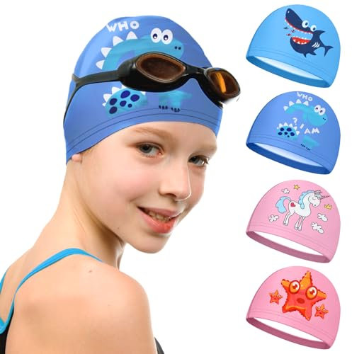 Scettar Cuffia Piscina Bambino, 4 Pezzi Poliestere Cuffia da Nuoto per Bambini, 4 Tipi di Graziosa Cuffie Bambina, Cuffia Nuoto da 3 a 8 Anni (Rosa, blu)