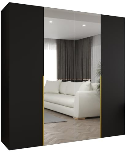 MEBLE KRYSPOL - Kleiderschrank mit Spiegel - Drehtürenschrank - Schrank 200 x 202 x 52 cm - Garderobenschrank Schlafzimmer, Flur, Jugendzimmer - Schwarz, Griff Gold - Alicante 2