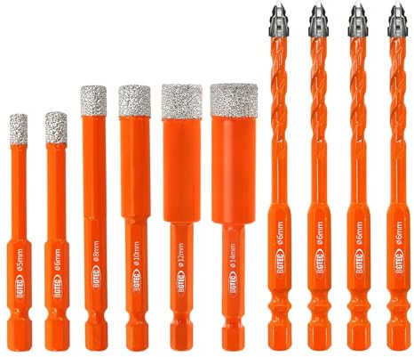 BGTEC Serrated Carbide Masonry Drill Bit Set 10PCS - 6MM*4 Wood Bits & 5/6/8/10/12/14MM Diamond bits with for Wood Plastic Masonry Brick Tile Glass Concrete Marble