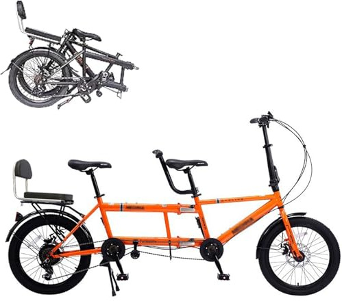 Wasd3Pods 20 Zoll Faltbare Tandemfahrräder, Beach Cruiser-Fahrräder Für Erwachsene, Rad-Tandemfahrräder, 7-Gang Einstellbar, Tandemfahrräder Cruiser-Fahrrad,Orange