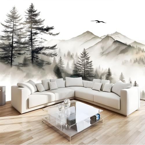 Fototapete Berge Vögel Bäume, 350 x 256 cm Vlies Tapete Wohnzimmer Schlafzimmer - Grau Chinesischer Stil Schönheit Wandtapete 3D Effekt