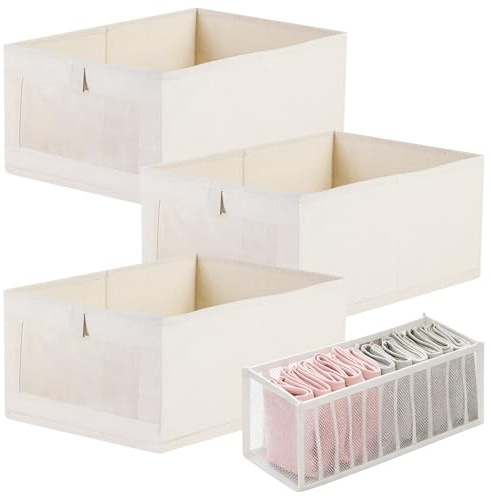 Yuaerbuo 3 Piezas Beige Cajas Organizadoras Armarios 41x28x17cm, Plegable Cajas Almacenaje Ropa Bolsa con Rejilla de 11 Compartimentos AlgodóN y Lino Caja Organizadora Ropa con Ventana Transparente