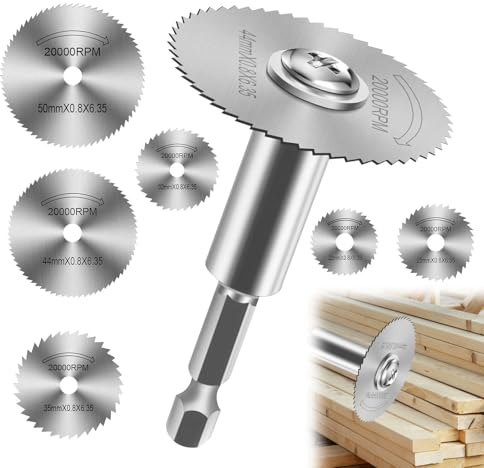 1/4-Inch Hex Shank Rotary Drill Saw Blade Set with 6PCS Cutting Discs, 60mm HSS Circular Saw Blades for Drill Rotary Tools, Wood, PVC Pipe, Plastic, and Soft Metal Cutting