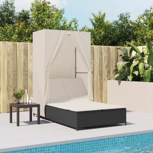 Frdhee Gartenliege Strandstuhl,Doppel-Sonnenliege mit Dach und Vorhängen Schwarz Poly-Rattan,Relaxstuhl für Balkon,Terrasse,Garten
