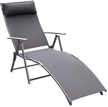 Outsunny Sonnenliege klappbar mit Kopfkissen bis 165 kg Grau | Strandliege und Liegestuhl, 7-fach verstellbare Rückenlehne, Gartenliege Relaxliege Gartenstuhl für Outdoor Urlaub Garten