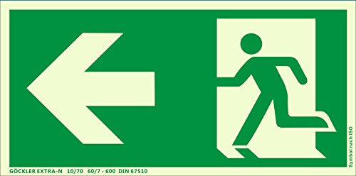 Notausgang Schild ISO 7010 gem. ASR A1.3, in 300x150 mm Folie Nachleuchtend selbstklebend SUPER-N, links-Flucht-Rettungswegzeichen
