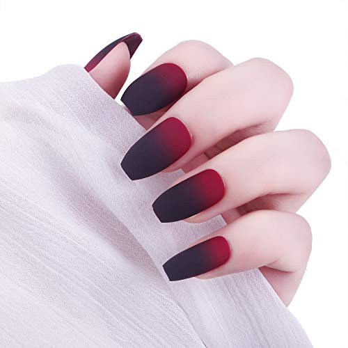 Laza 24 Pcs Ombre Fake Nails Ballet Ballerina Coffin Full Cover Gradient Medium Matte Artificial Acrylic Nails with Glue Sticker Nail File Wood Stick - Black Red Gradual