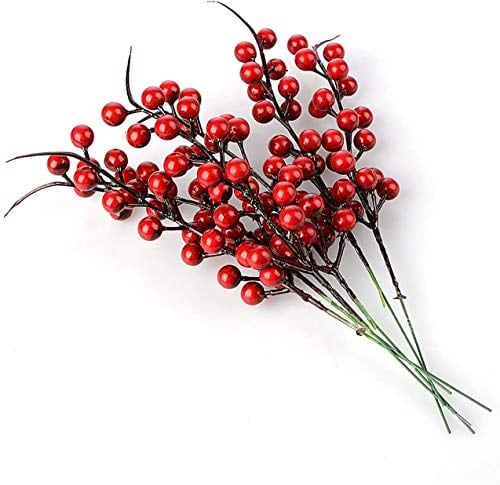 GRANDLIN Künstliche rote Beeren, 40 Stück Stechpalmen-Weihnachtsbeeren, Stiel, künstliche Früchte, Beeren, Blumenzweig, DIY Weihnachtsbaum, Blumenarrangement, Basteln, Dekoration