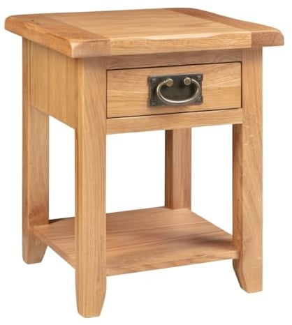 Hallowood Furniture Monchique Kleiner Beistelltisch aus massivem Eichenholz mit Schublade und Regal, hölzerne Lampe oder Nachttisch mit unterer Ablage, Schlafzimmer- und Wohnzimmermöbel