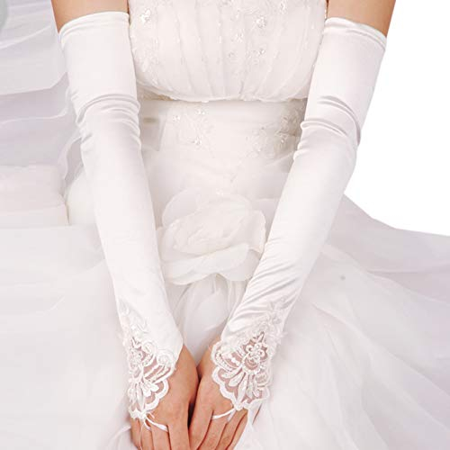 MoreChioce Damen Spitze Handschuhe,Hochzeit Braut Handschuhe Strass Armstulpen Frauen Lange Handschuhe Elastisch Lace Hochzeithandschuhe Hochzeit Party Abend Handschuhe,Beige